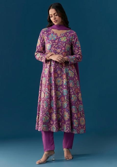 Magenta Purple Floral Print Chinon Kurta Set