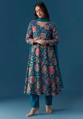 Teal Blue Floral Print Chinon Kurta Set