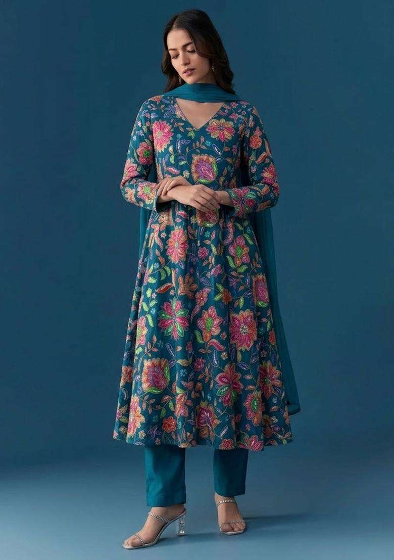 Teal Blue Floral Print Chinon Kurta Set - Indya