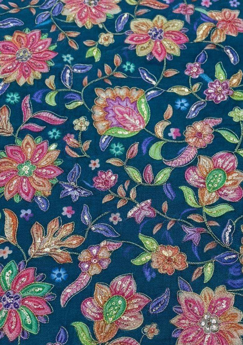 Teal Blue Floral Print Chinon Kurta Set - Indya