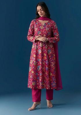 Pink Floral Print Chinon Kurta Set