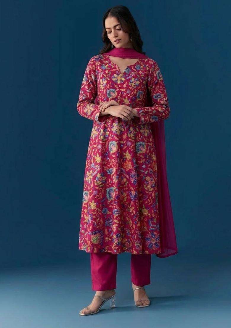 Pink Floral Print Chinon Kurta Set - Indya