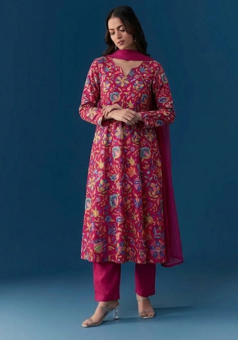 Pink Floral Print Chinon Kurta Set
