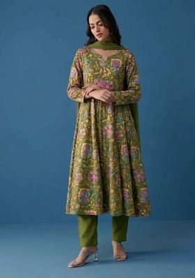 Olive Green Floral Print Chinon Kurta Set