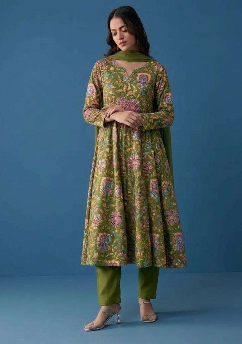 Olive Green Floral Print Chinon Kurta Set - Indya