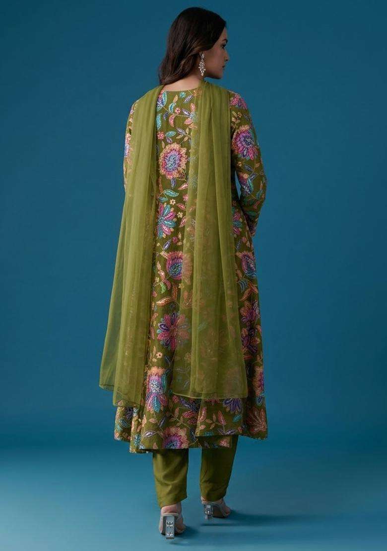 Olive Green Floral Print Chinon Kurta Set - Indya