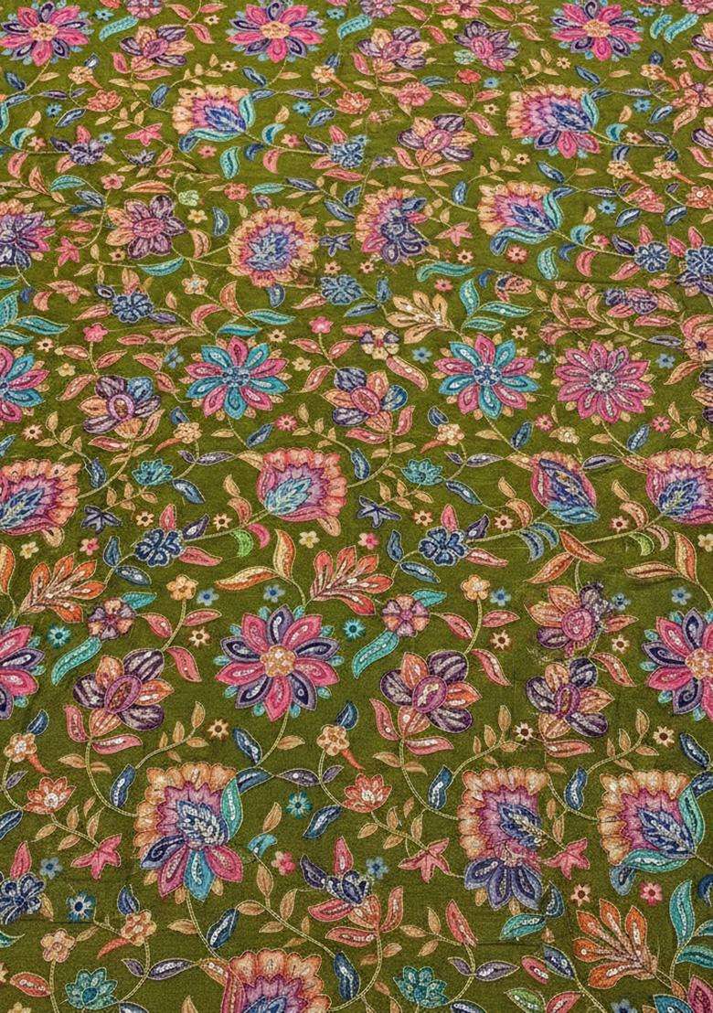 Olive Green Floral Print Chinon Kurta Set - Indya