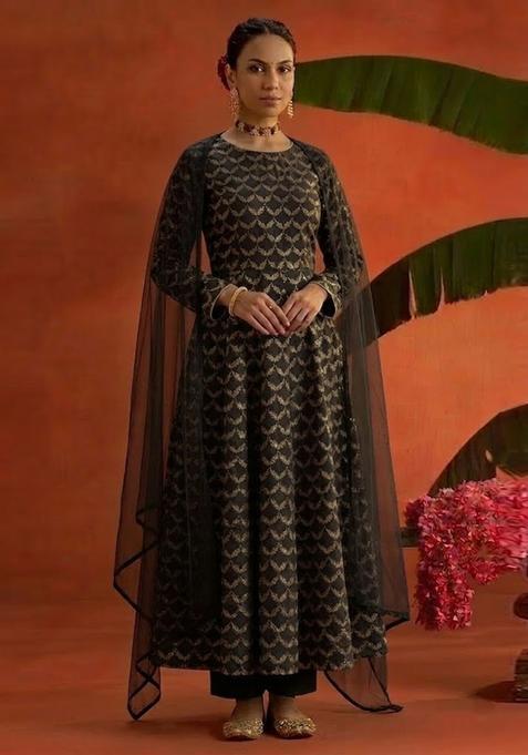 Black Chanderi Anarkali Set
