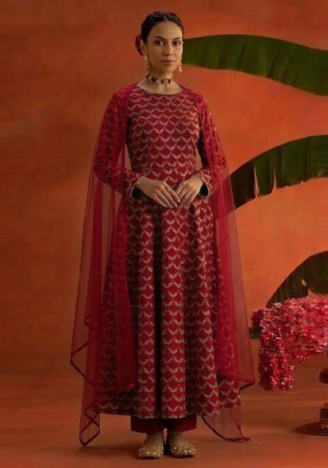 Red Chanderi Anarkali Set
