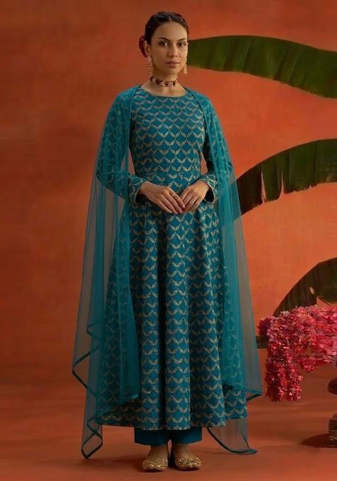 Teal Chanderi Anarkali Set