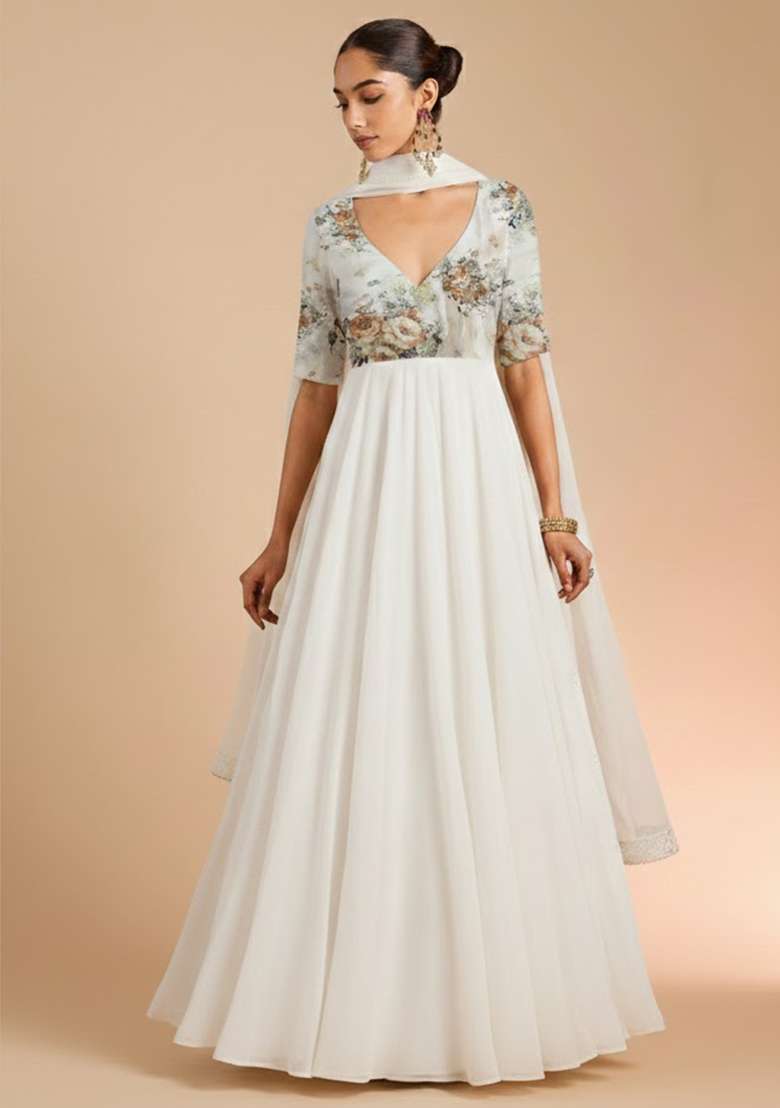 Off White Floral Print Chinon Anarkali With Dupatta - Indya