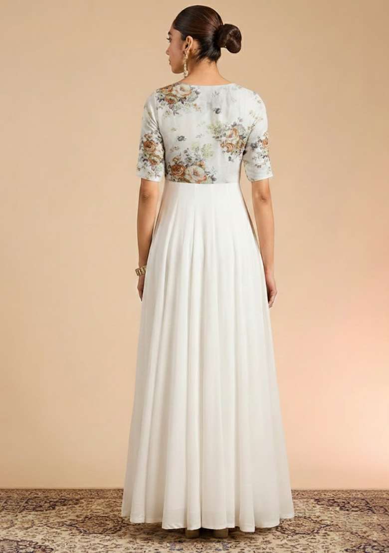 Off White Floral Print Chinon Anarkali With Dupatta - Indya