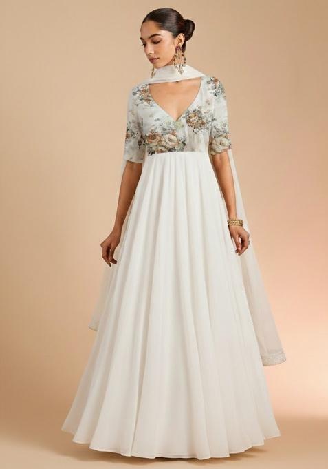 Off White Floral Print Chinon Anarkali With Dupatta