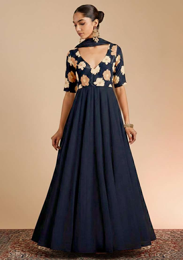 Black Floral Print Chinon Anarkali With Dupatta - Indya