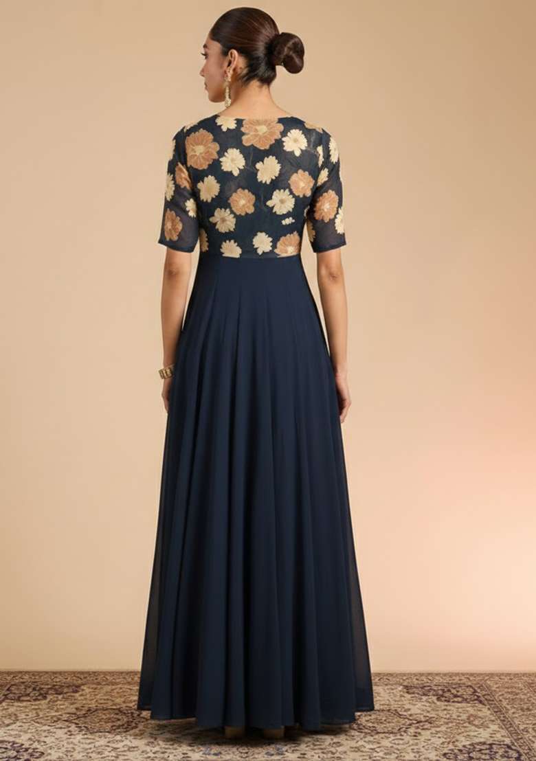 Black Floral Print Chinon Anarkali With Dupatta - Indya