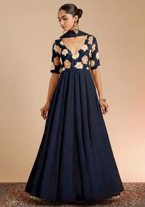 Black Floral Print Chinon Anarkali With Dupatta