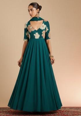 Teal Green Floral Print Chinon Anarkali With Dupatta