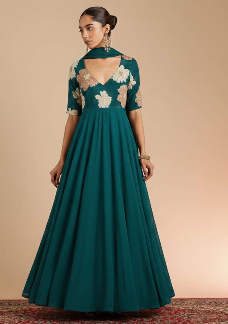 Teal Green Floral Print Chinon Anarkali With Dupatta - Indya