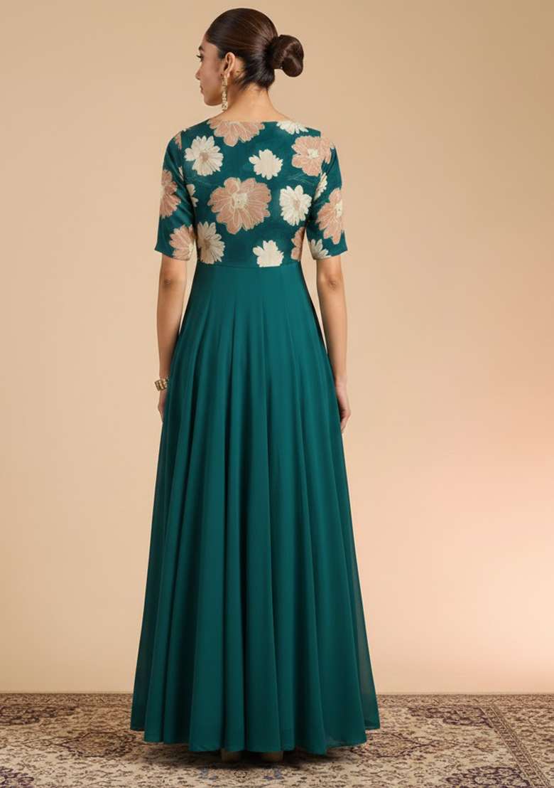 Teal Green Floral Print Chinon Anarkali With Dupatta - Indya