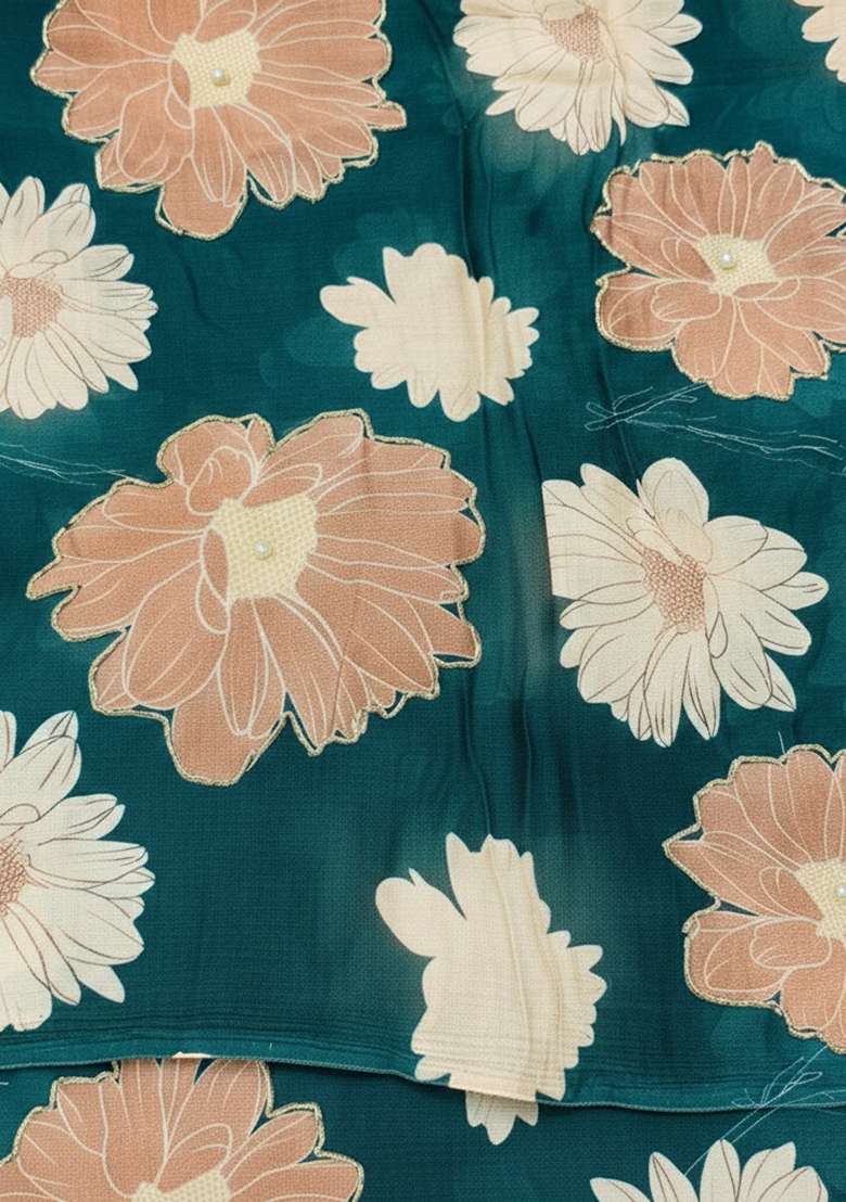 Teal Green Floral Print Chinon Anarkali With Dupatta - Indya