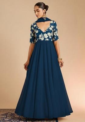 Navy Blue Floral Print Chinon Anarkali With Dupatta