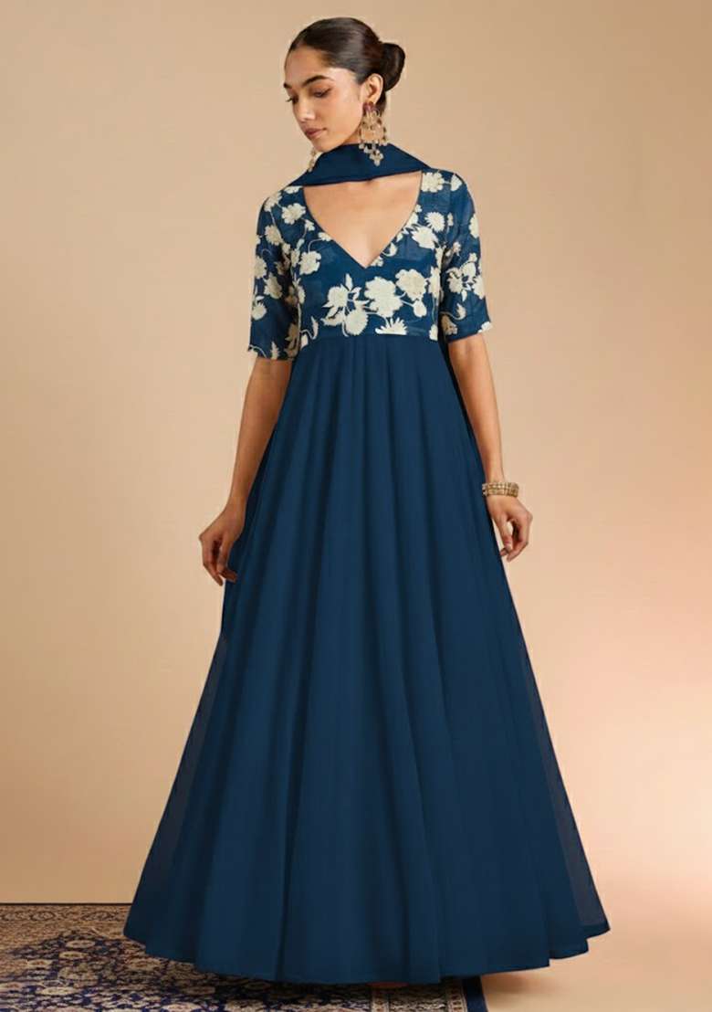Navy Blue Floral Print Chinon Anarkali With Dupatta - Indya