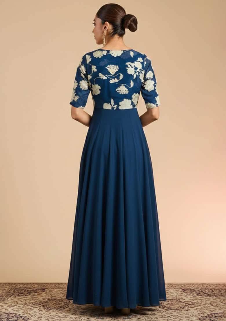 Navy Blue Floral Print Chinon Anarkali With Dupatta - Indya