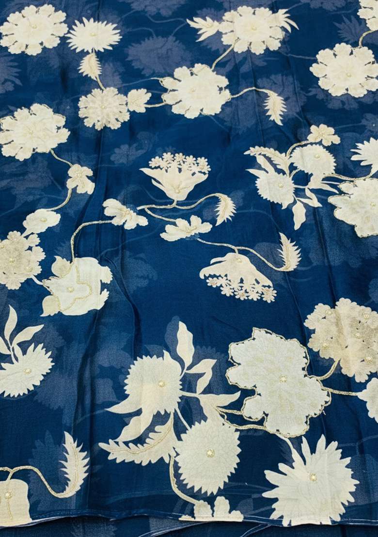 Navy Blue Floral Print Chinon Anarkali With Dupatta - Indya