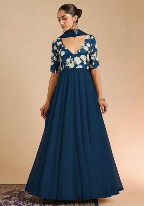 Navy Blue Floral Print Chinon Anarkali With Dupatta