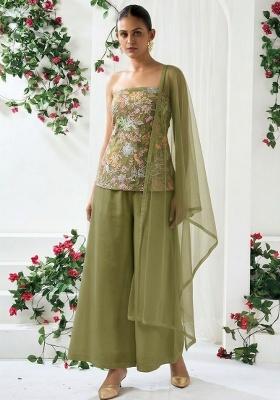 Olive Green Sequin Crepe Sharara Set