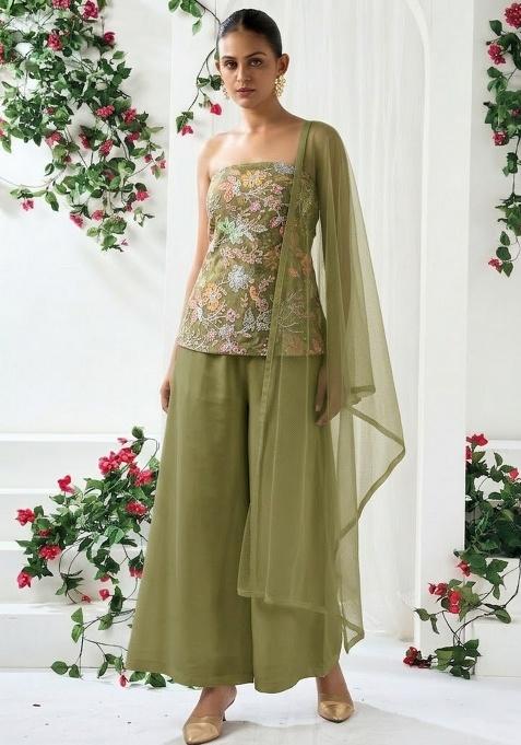 Olive Green Sequin Crepe Sharara Set