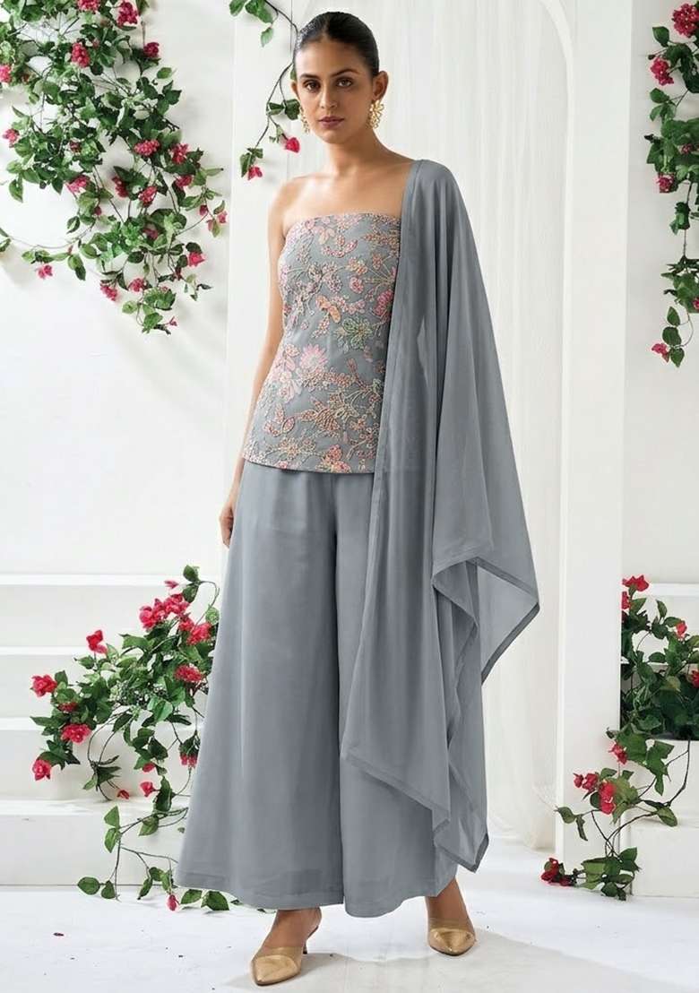 Grey Sequin Crepe Sharara Set - Indya