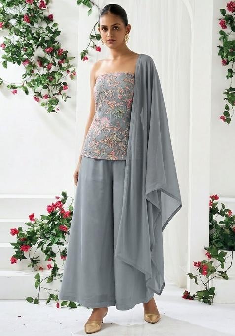 Grey Sequin Crepe Sharara Set
