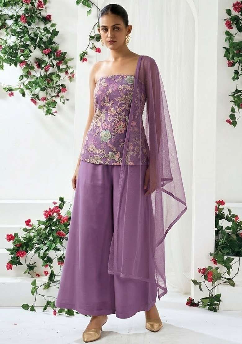 Lavender Sequin Crepe Sharara Set - Indya