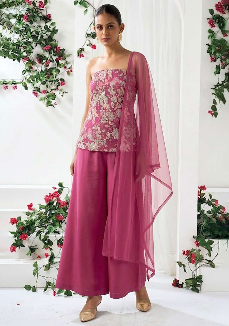 Pink Sequin Crepe Sharara Set - Indya