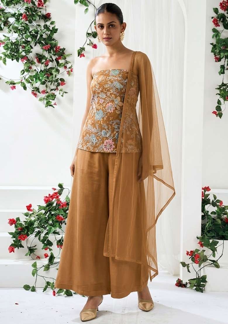Brown Sequin Crepe Sharara Set - Indya