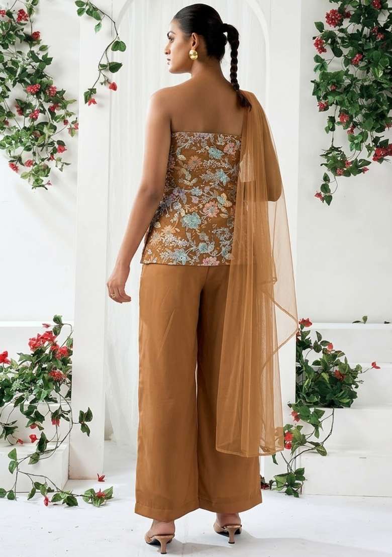 Brown Sequin Crepe Sharara Set - Indya