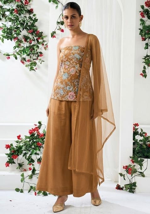 Brown Sequin Crepe Sharara Set