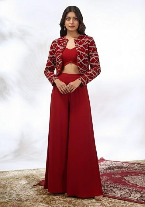 Deep Red Embroidered Georgette Fusion Set