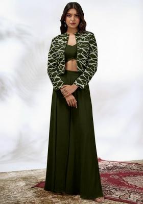 Olive Green Embroidered Georgette Fusion Set