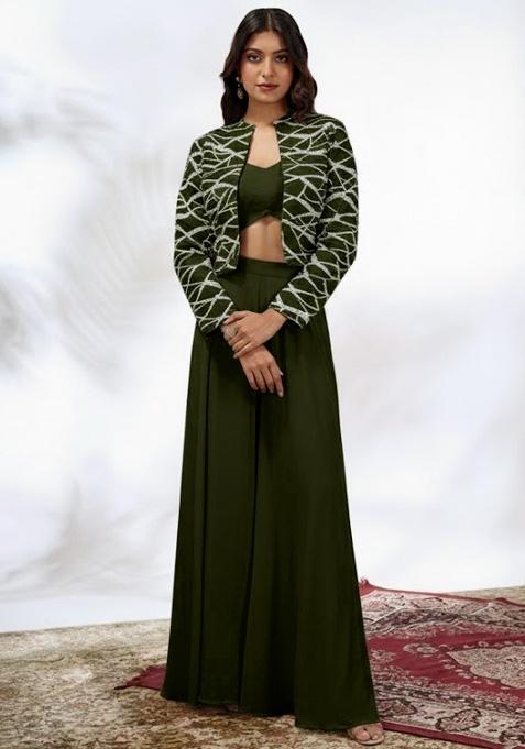 Olive Green Embroidered Georgette Fusion Set