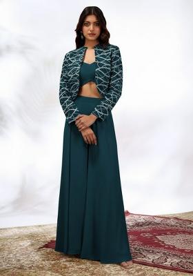 Teal Blue Embroidered Georgette Fusion Set