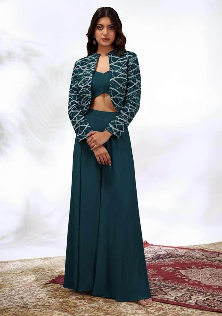 Teal Blue Embroidered Georgette Fusion Set - Indya
