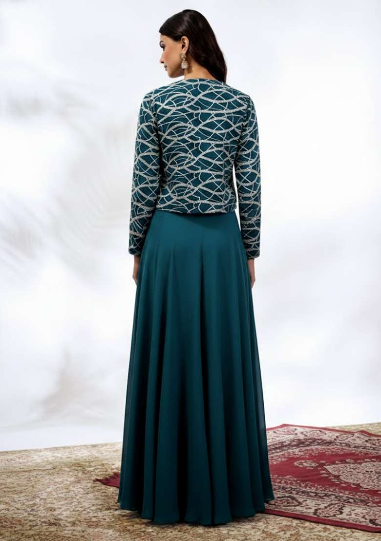Teal Blue Embroidered Georgette Fusion Set - Indya