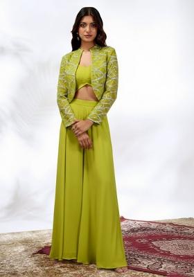 Lime Green Embroidered Georgette Fusion Set