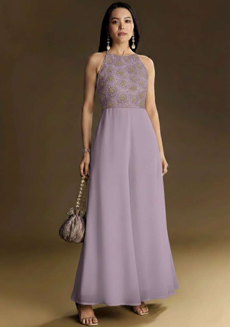 Lavender Embroidered Tissue Fusion Set - Indya