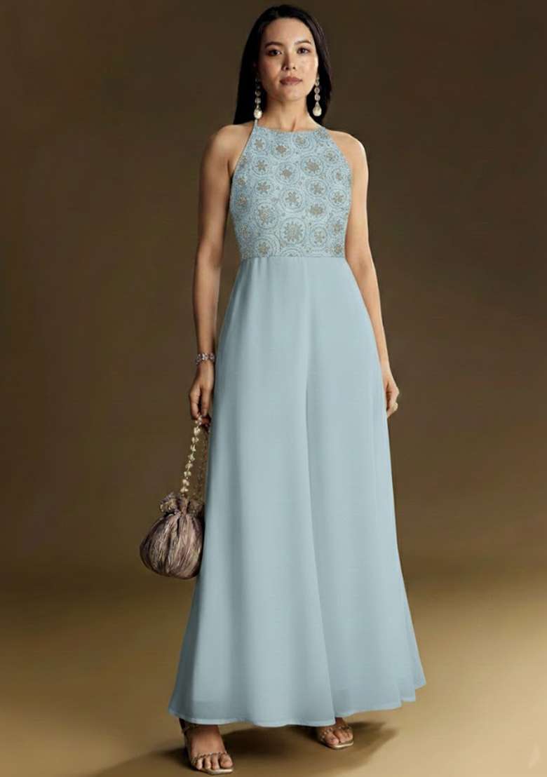 Blue Embroidered Tissue Fusion Set - Indya