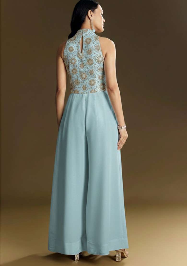 Blue Embroidered Tissue Fusion Set - Indya