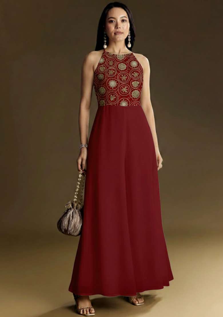 Red Embroidered Tissue Fusion Set - Indya