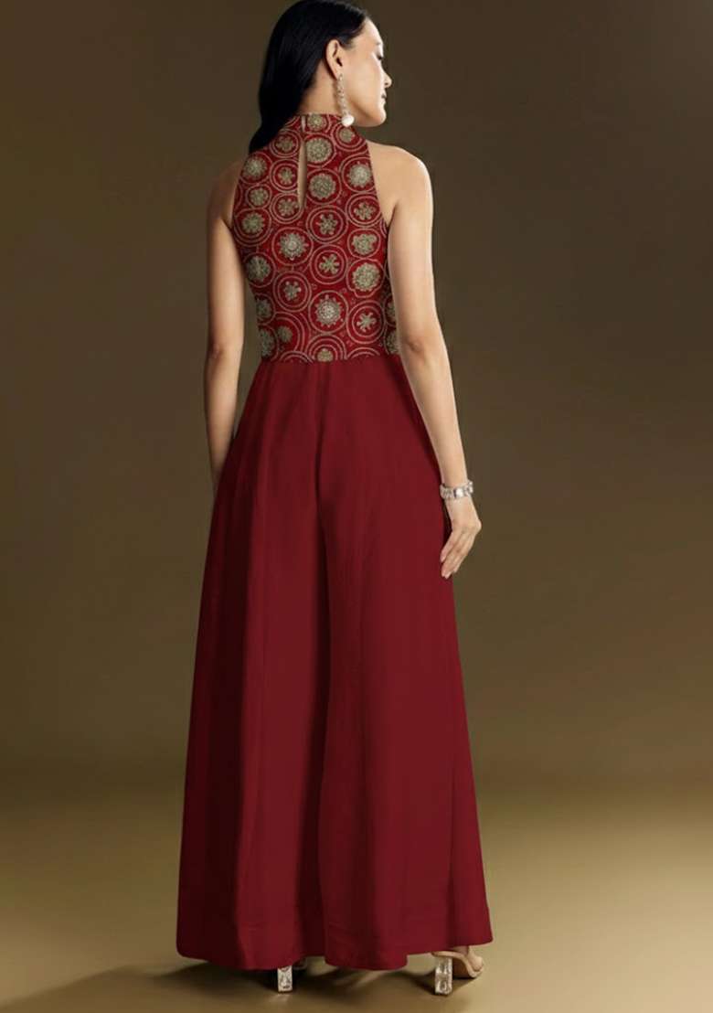 Red Embroidered Tissue Fusion Set - Indya